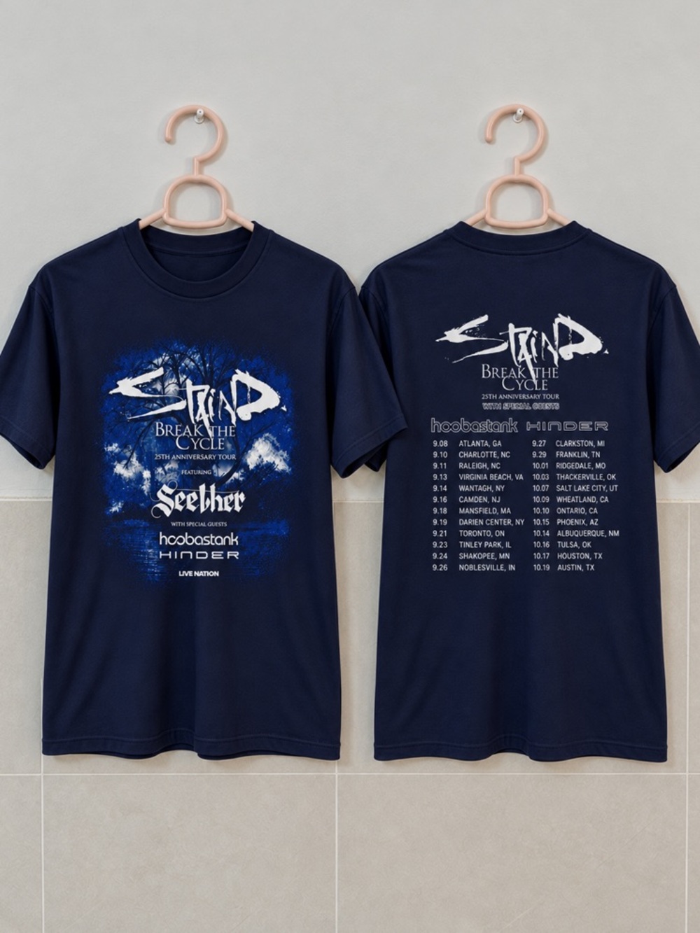 Staind Break The Cycle 25th Anniversary Tour Rock Band Navy Two Sided T-Shirt